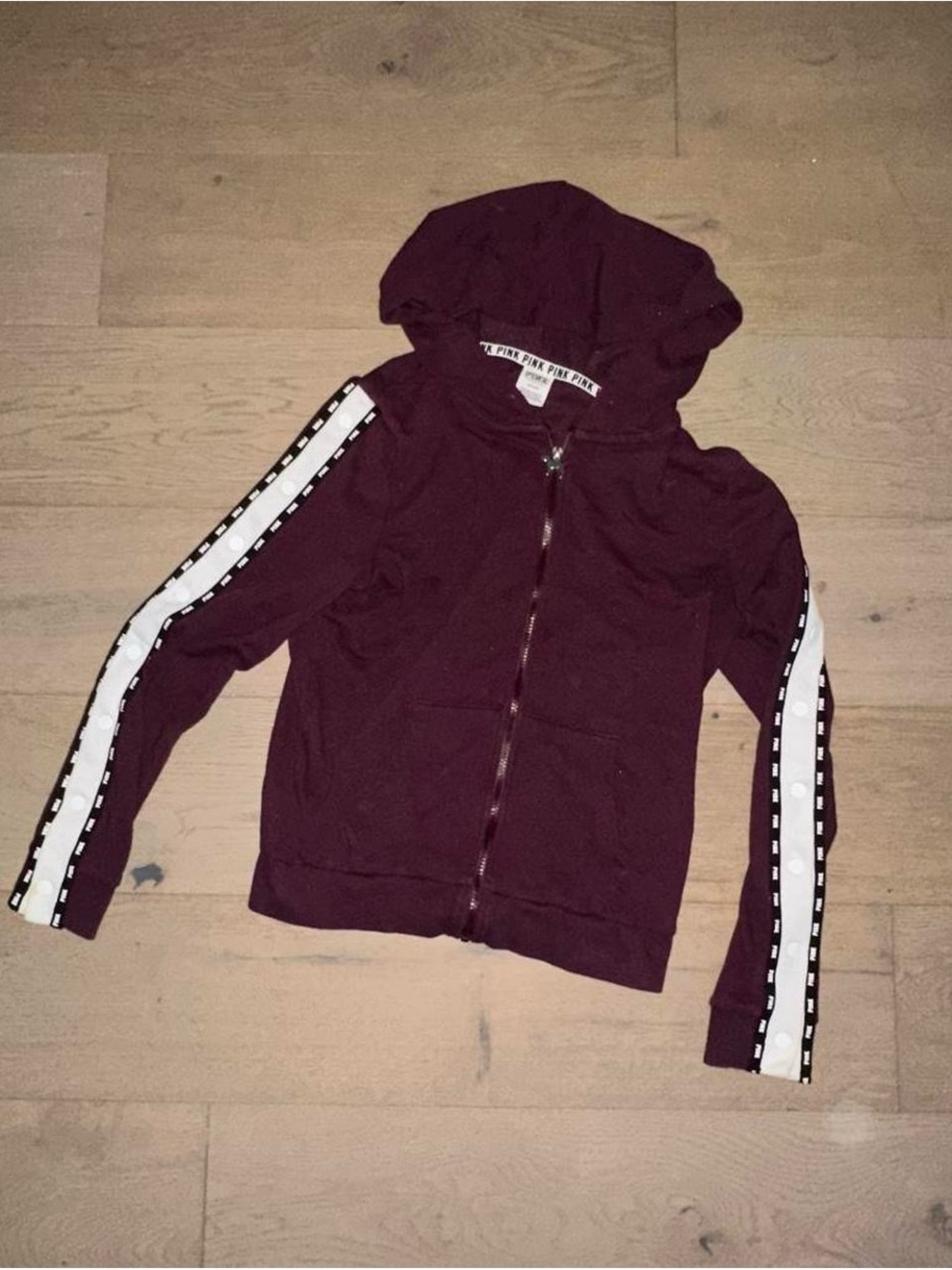 PINK Victoria's Secret Maroon Zip-Up Hoodie with White Stripe